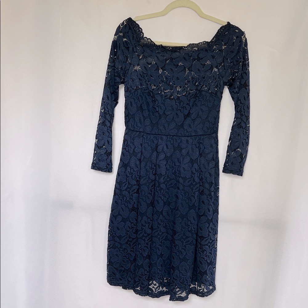 Miusol Elegant Dark Blue Lace Long Sleeve Dress